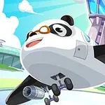 パンダの顔をした飛行機が空港を飛び立つ準備をしているイラスト。