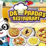 シェフの帽子をかぶったパンダが、さまざまな料理が並ぶテーブルに立っている。