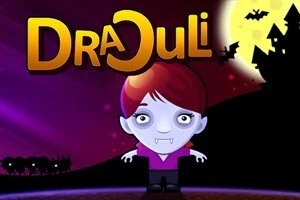 赤い髪の吸血鬼のキャラクターと満月、夜空、コウモリが飛んでいるシルエットの城。