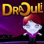 赤い髪の吸血鬼のキャラクターと満月、夜空、コウモリが飛んでいるシルエットの城。
