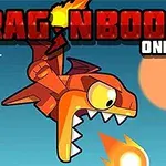 赤いドラゴンが空を飛び、口から炎を吹いている。