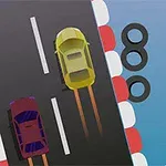 2台の車が並んで道路を走っており、道路の両側にはタイヤのバリアが配置されている。