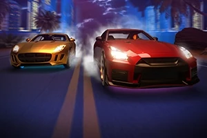 夜の街並みを背景に、金色の車と赤い車が高速で並んで走行しているシーン。