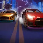 夜の街並みを背景に、金色の車と赤い車が高速で並んで走行しているシーン。