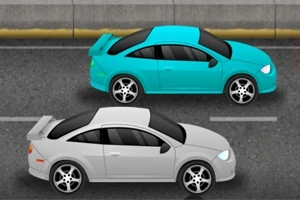 2台のカラフルなスポーツカーが道路を並んで走行しているイラスト。