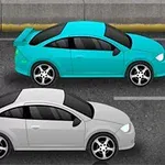 2台のカラフルなスポーツカーが道路を並んで走行しているイラスト。