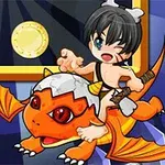 小さな赤いドラゴンに乗ったキャラクターがウインクしながら骨を持っているイラスト。