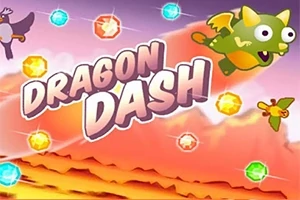 緑色のドラゴンが飛んでいる背景に「DRAGON DASH」の文字が描かれたカラフルなイラスト。
