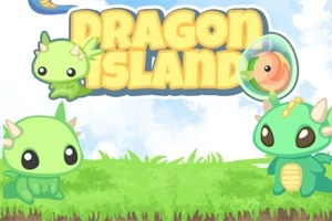 緑色のかわいいドラゴンが草原にいて、背景に「DRAGON ISLAND」という黄色の文字があるイラスト。
