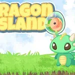 緑色のかわいいドラゴンが草原にいて、背景に「DRAGON ISLAND」という黄色の文字があるイラスト。