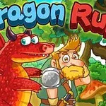 赤いドラゴンとヒゲの冒険者が森の中にいるイラスト。