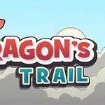 赤いドラゴンが塔の上に座り、青空と白い雲の背景に大きな文字で「DRAGONS TRAIL」と書かれています。