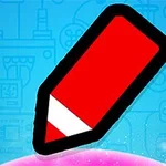 赤い鉛筆のイラストが青い背景に描かれている。