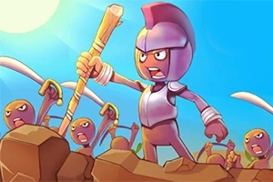 紫色の鎧を着たキャラクターが棒を持ち、背景に日光が射す青空の下で多くの仲間と共に戦う姿。