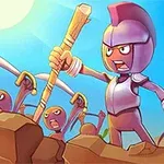 紫色の鎧を着たキャラクターが棒を持ち、背景に日光が射す青空の下で多くの仲間と共に戦う姿。