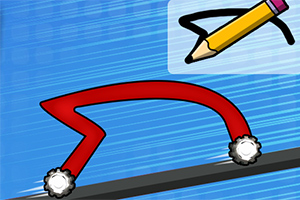 赤い線で描かれた車の形とタイヤ、鉛筆のイラストが青い背景に描かれている。