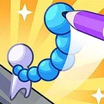 紫色のペン先が付いた青い蛇のようなキャラクターが、オレンジと黄色の光を背景に配置されています。