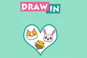 緑色の背景に「DRAW IN」という文字と、ハートの中に猫、ウサギ、クマのキャラクターが描かれています。