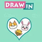 緑色の背景に「DRAW IN」という文字と、ハートの中に猫、ウサギ、クマのキャラクターが描かれています。