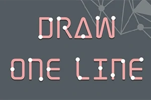 灰色の背景に、白い点が付いたピンク色の線で「DRAW ONE LINE」と描かれており、背景には線と点の抽象的なデザインがある。
