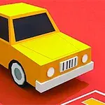 赤い背景に、シンプルでカラフルなデザインの黄色い車。