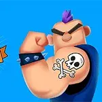 青い背景に、紫色のモヒカンヘアを持つキャラクターが筋肉を見せ、その腕にドクロのタトゥーをしています。