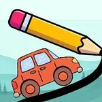 赤い車が鉛筆で描かれた線の上を走っているイラスト。