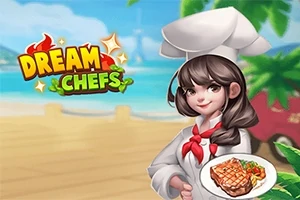 海辺の背景に、シェフの帽子をかぶった女性が料理を持っているイラスト。