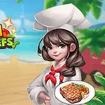 海辺の背景に、シェフの帽子をかぶった女性が料理を持っているイラスト。