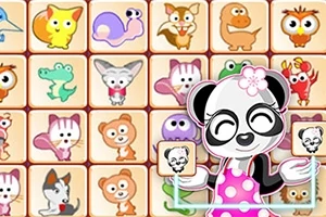 かわいい動物のイラストが描かれたタイルが並ぶパズルゲームの画面とピンクの水玉柄のエプロンを着たパンダ。