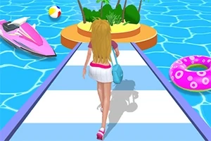 金髪の女性が青と白の道を歩き、周りにプール、ピンクのジェットスキー、ビーチボールと浮き輪がある。