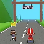 3人のキャラクターがゴーカートに乗り、道路上のスタートラインに向かっている。