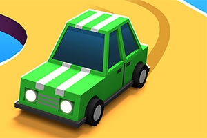 緑色の車が黄色いカーブを曲がっている。