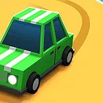 緑色の車が黄色いカーブを曲がっている。