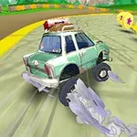 緑色の車がコースをドリフトしながら、黄色い星のマークがついたコインに向かって進んでいる。
