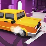黄色い四角い車が紫色の街並みをバックにドリフトしているイラスト。