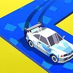 黄色い背景の上で青い道をドリフトしながら走る白と水色の車。