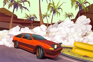 赤いスポーツカーが煙を上げながら道路をドリフトしている様子と、背景にヤシの木があります。