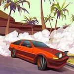 赤いスポーツカーが煙を上げながら道路をドリフトしている様子と、背景にヤシの木があります。