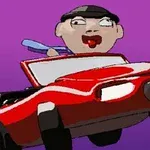 赤い車を運転している帽子をかぶった人物のイラスト。