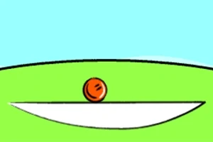 青い空の下、緑の背景に白い皿の上にオレンジ色のボールが載っているシンプルなイラスト。