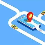 スマートフォンの上に位置情報アイコンが置かれている道路とタクシーのイラスト。
