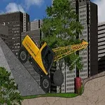 黄色のクレーン車が丘を登っている背景に、高層ビルと青い空。