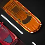 赤い車とオレンジ色の車が黒い背景の道路を並んで走っている様子。