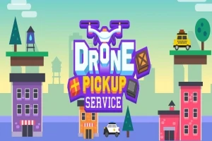 ドローンとピックアップサービスの文字が描かれたカラフルな2D都市背景のイラスト。