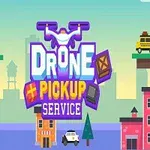 ドローンとピックアップサービスの文字が描かれたカラフルな2D都市背景のイラスト。