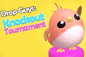 かわいらしい鳥のキャラクターがピンクの台に乗っている黄色い背景の画像。