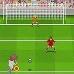 サッカー場のゴール前で3人の選手とゴールキーパーがいるアニメーション風のイラスト。