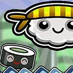 黄色いハチマキを巻いた笑顔の雲と、笑顔の巻き寿司のキャラクターが並ぶイラスト。