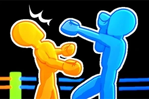 青いキャラクターが黄色いキャラクターをパンチしているシーン。